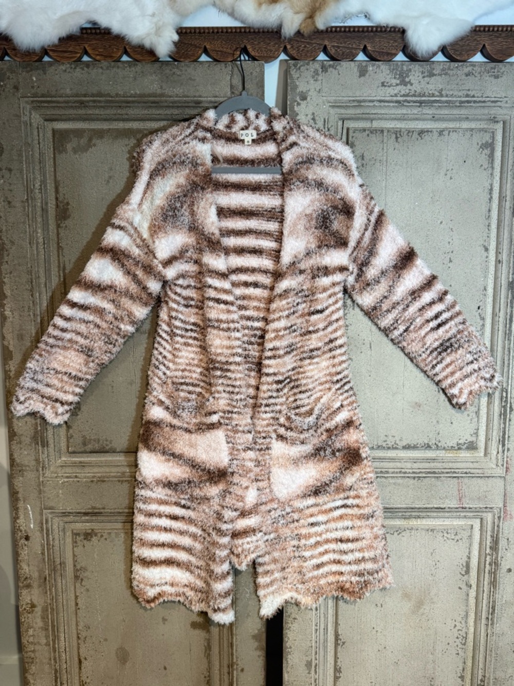 POL Long Fuzzy Open-Front Cardigan in Cream and Brown Stripes